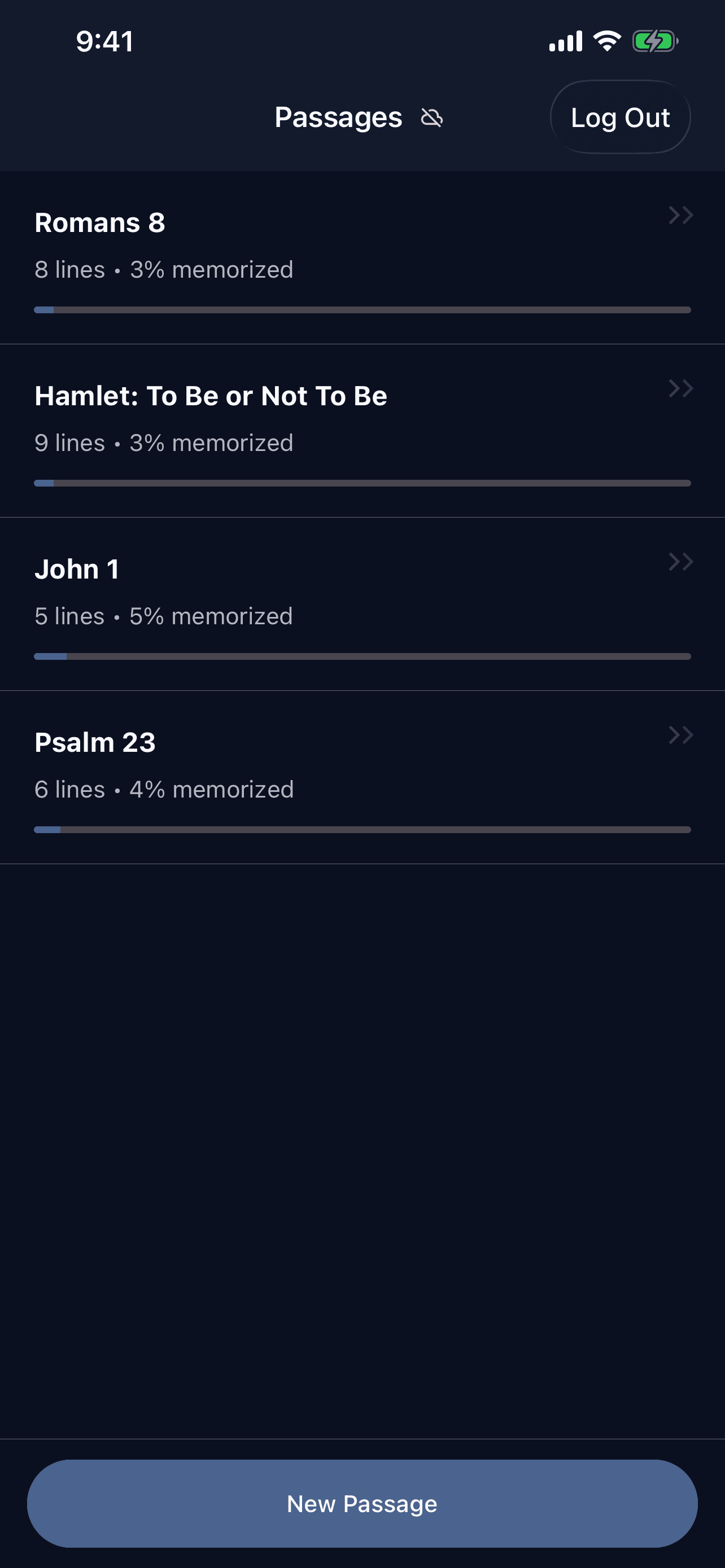 One Line library screen showing saved passages