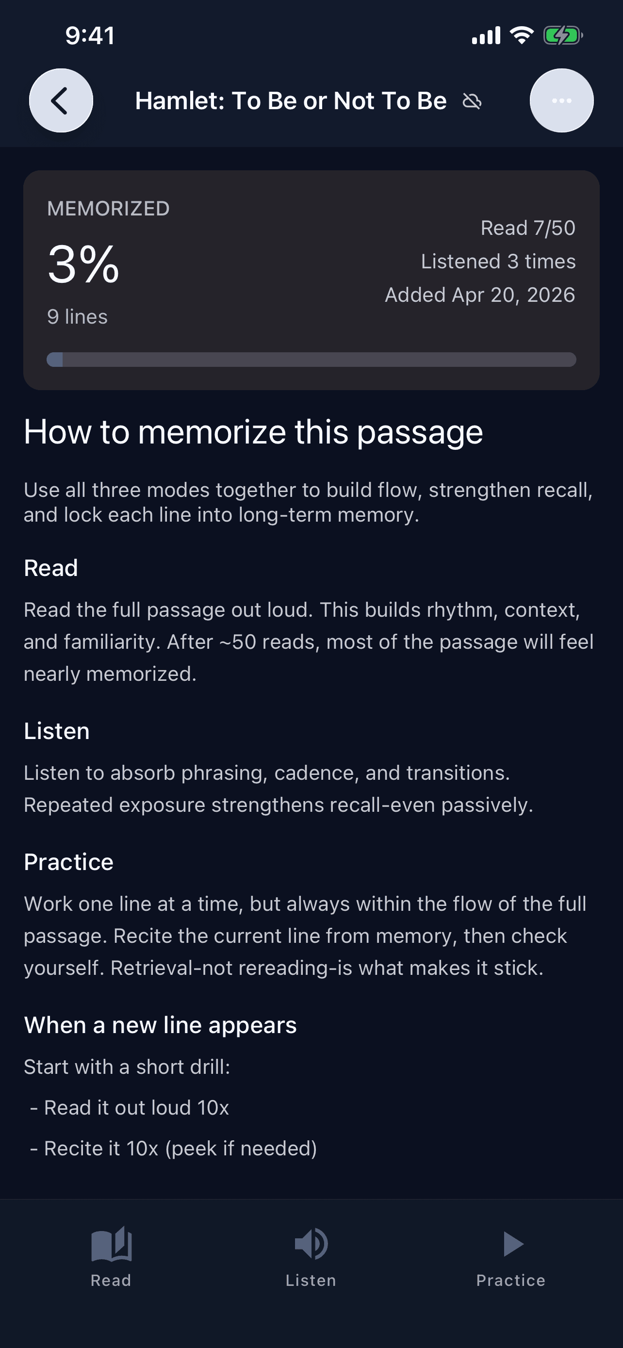 One Line passage home screen with practice options